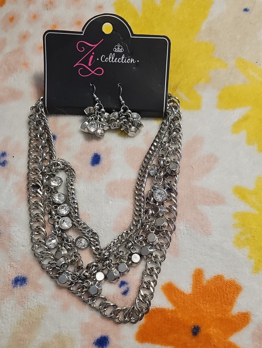 paparazzi Silver-Tone Multi Strand Crystal Necklace with Matching Earrings